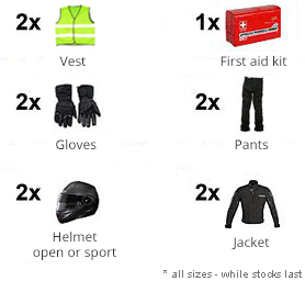 Gratis do każdego wypożyczenia w wypożyczalni motocykli w Gdańsku (apteczka, kamizelka, kask, nakolanniki)